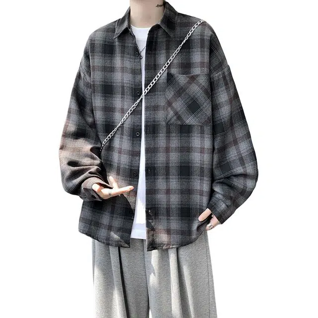 佐菲利 港风宽松复古格子长袖百搭休闲情侣潮牌翻领衬衣衬衫 男女同款