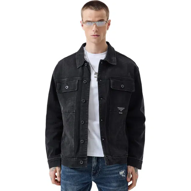 逆腾 秋季翻领夹克男潮牌美式复古宽松男士水洗工装牛仔外套 男女同款