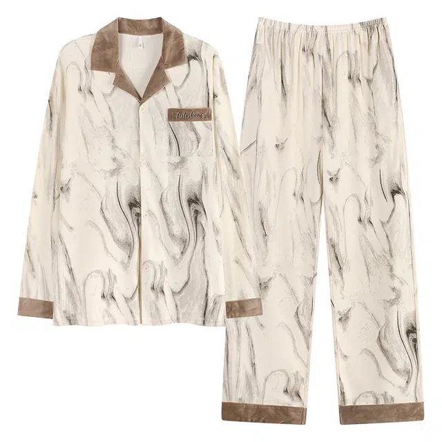 俏霓桐 时尚拼接毛绒翻领纯棉亲肤轻奢高级感长袖长裤家居服可外穿睡衣套装 男款