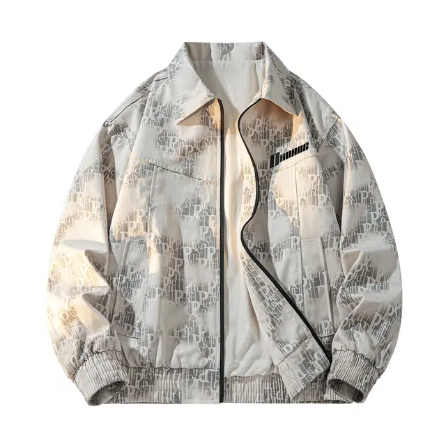 敦煌博物馆 美式复古满印字母扎染设计时尚户外通勤防风舒适宽松休闲大码教练翻领拉链夹克外套 男女同款