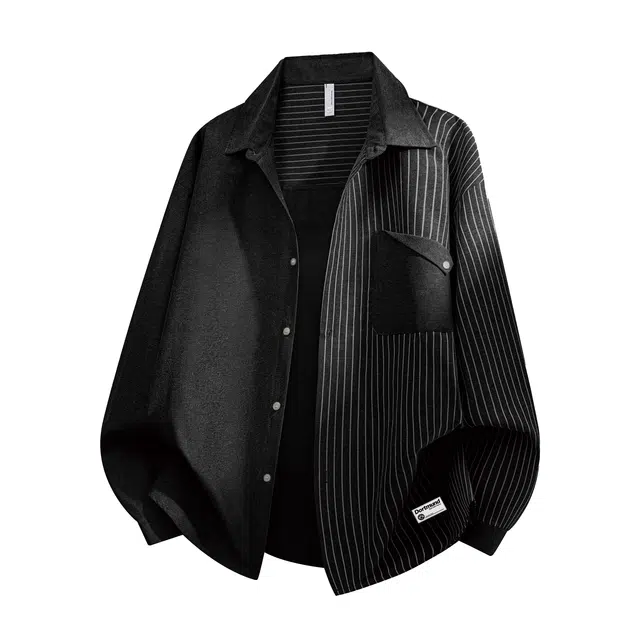 普鲁士多特蒙德 港风条纹拼接衬衣开衫外套高级感潮牌痞帅百搭日常休闲通勤长袖衬衫 男女同款