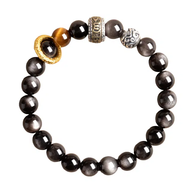 子婳 时来运转顺逐招财转运珠新中式国风国潮六字真言好运佛珠文玩时尚精致简约百搭手饰 黑曜石 手串 男女同款情侣款