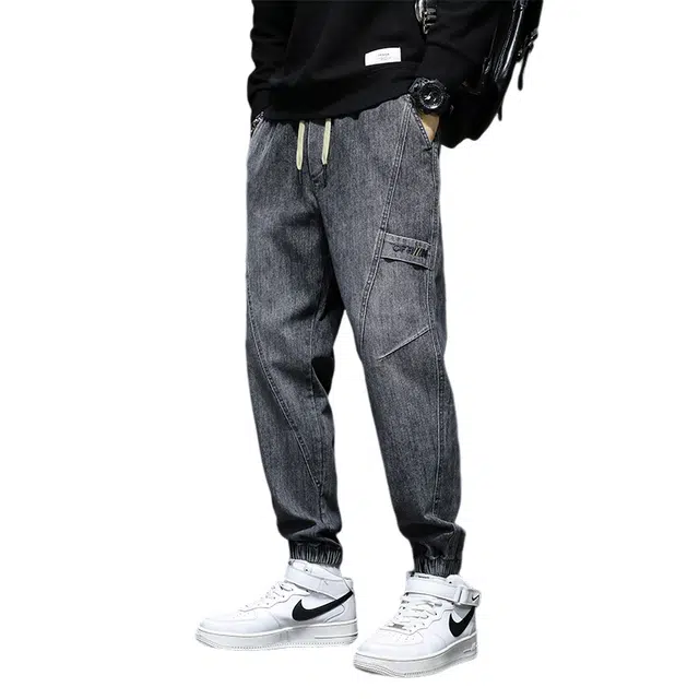 赛瀚 复古休闲牛仔裤男款美式潮流春秋厚款百搭舒适亲肤束脚裤男装工装抽绳长裤子宽松显瘦显高青少年高街通勤外穿哈伦裤 男女同款