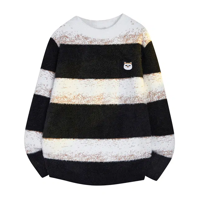 吾皇猫 复古潮牌慵懒软糯松弛条纹撞色圆领套头宽松百搭休闲舒适加厚保暖日常通勤打底长袖针织衫毛衣 男女同款