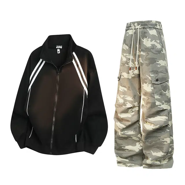 梓润格 美式潮流高街结构织带撞色设计立领休闲纯色重磅落肩袖基础款卫衣外套宽松舒适日常慵懒感水洗多口袋迷彩工装裤套装 男女同款