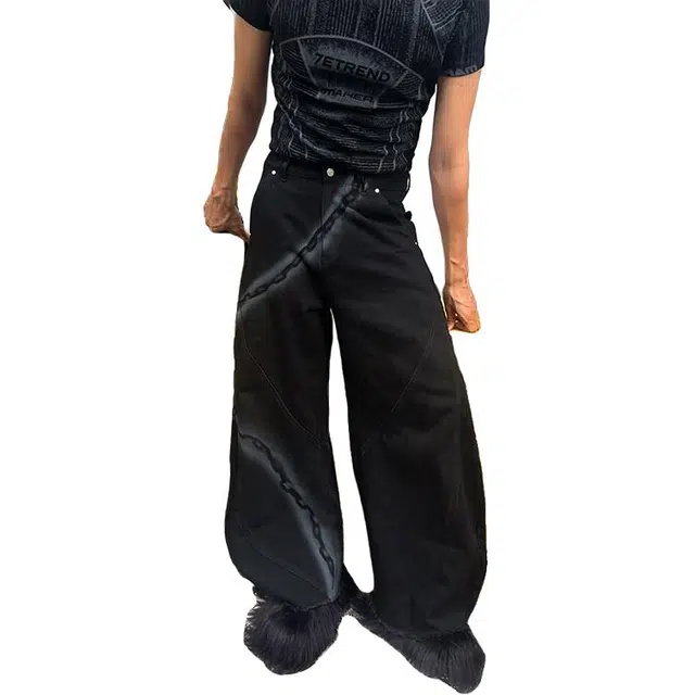 一碗士多 美式复古高街小众百搭设计感拼接宽松阔腿直筒垂感拖地痞帅时尚个性通勤户外日常牛仔裤 男女同款