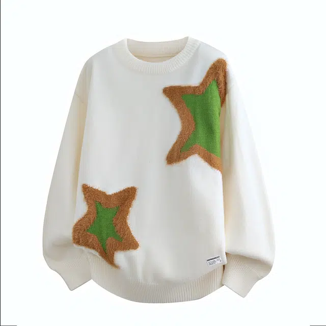 吾皇猫 韩系潮牌慵懒星星撞色设计软糯舒适圆领套头宽松内搭加厚保暖休闲日常打底长袖针织衫毛衣 男女同款
