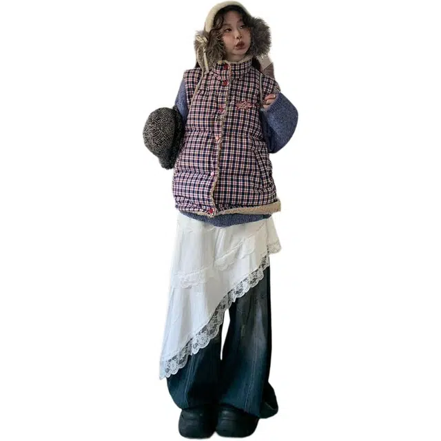 敲模女孩 美式学院风复古双面穿格子棉服宽松加厚保暖羊羔毛外套马甲 女款