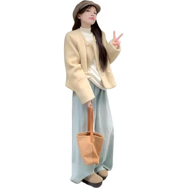 轻迎 小众高级感时尚百搭圆领气质宽松上衣截短外套 女款