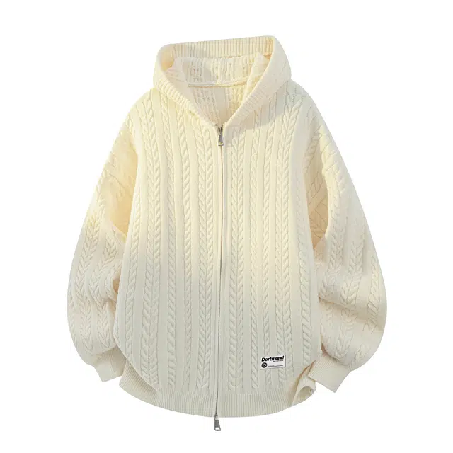 普鲁士多特蒙德 美式复古高街慵懒风休闲百搭麻花设计感无性别主义连帽软糯情侣潮流长袖通勤宽松舒适学院风开衫针织衫 男女同款