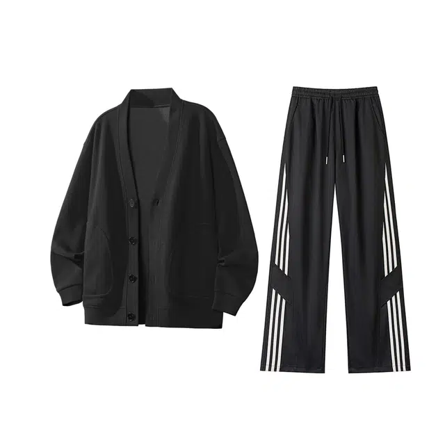 素杭 美式简约重磅开衫卫衣搭配设计感条纹松紧腰直筒裤两件套潮牌穿搭一整套休闲运动套装 男女同款