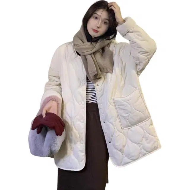 轻迎 法式简约设计感菱形格纯色长袖外套棉服 女款