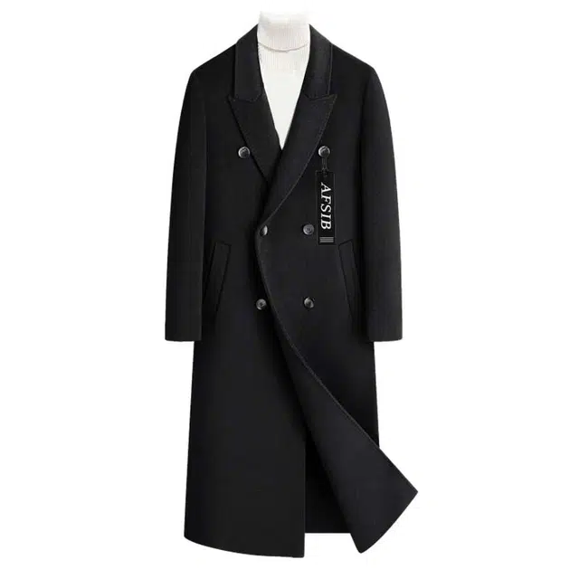 艾梵斯贝 高品质轻奢御寒保暖时尚都市简约纯色羊绒呢子休闲商务绅士日常通勤百搭英伦风双排扣西装领过膝中长款情侣款大衣 男款