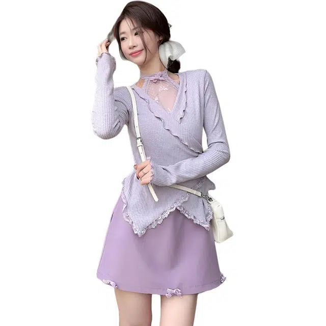 轻迎 纯欲风网纱拼接花边长袖显瘦上衣蝴蝶结短裙裙装套装 女款