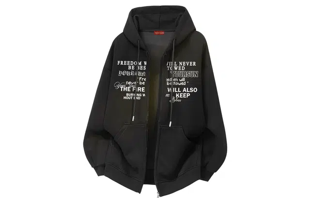 宜而爽 美式高街复古潮流基础款简约纯色字母印花宽松舒适休闲抽绳落肩日常通勤百搭运动拉链长袖连帽开衫卫衣 男女同款