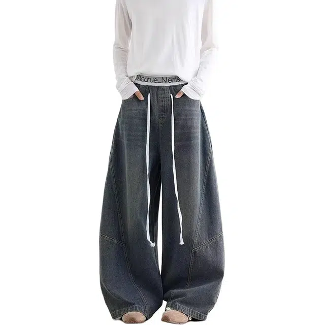 如续 美式解构廓形弯刀裤复古百搭显高显瘦潮牌双腰头橡筋休闲裤宽松阔腿长裤牛仔裤 男款