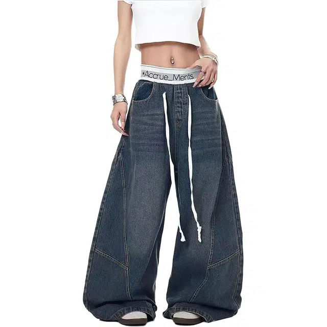 如续 美式高街抽绳裤秋季潮牌百搭拖地弯刀裤子复古拼接阔腿长裤牛仔裤 男女同款