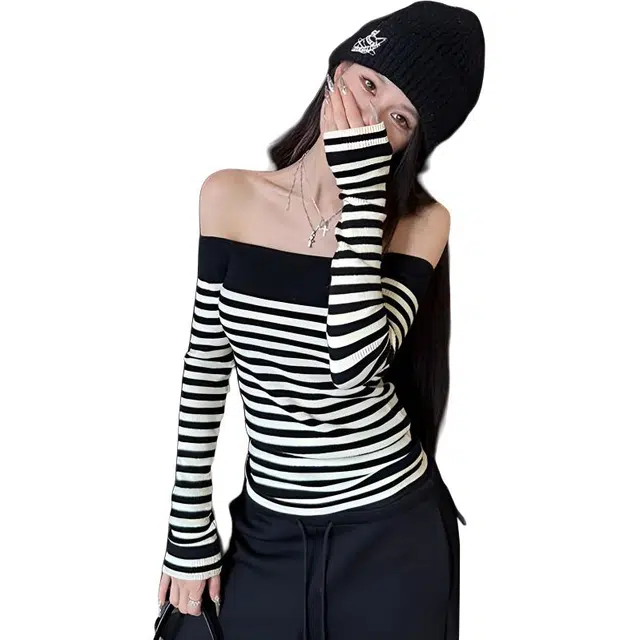 轻迎 纯欲风法式一字肩撞色条纹修身显瘦气质长袖上衣针织衫 女款