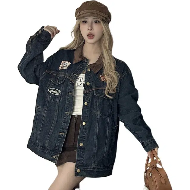 敲模女孩 甜酷风美式复古高级感情侣装宽松设计感牛仔外套 男女同款