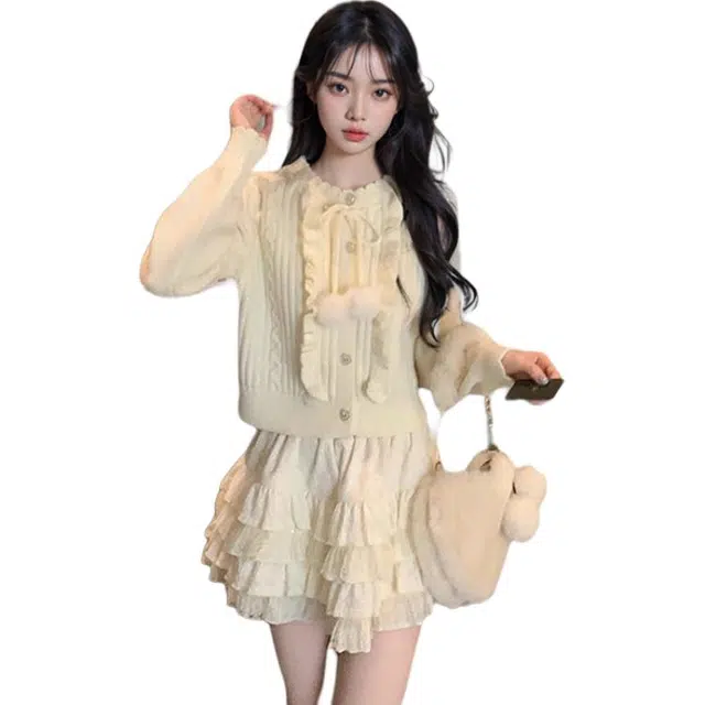 轻迎 绒球抽绳木耳边麻花长袖圆领学院风针织衫 女款