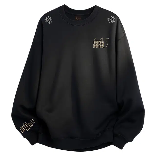 阿凡迪 美式高街复古个性创意胸口品牌字母豹纹小恶魔印花宽松日常通勤休闲运动经典百搭长袖氛围感学院风套头圆领卫衣 男女同款