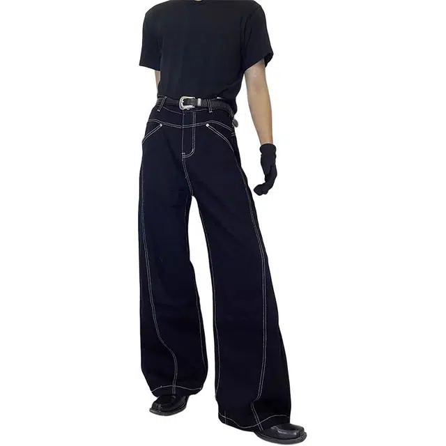 一碗士多 美式复古设计感百搭明线高街宽松舒适个性垂感拖地通勤户外日常痞帅阔腿直筒弯刀牛仔裤 男女同款