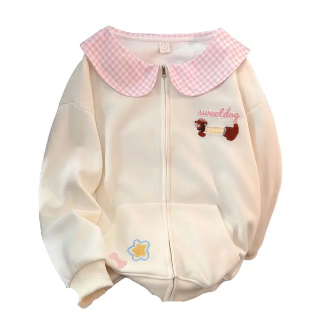 桴生 小狗刺绣娃娃领拼接格子可爱女秋冬加绒宽松版开衫拉链外套卫衣 女款