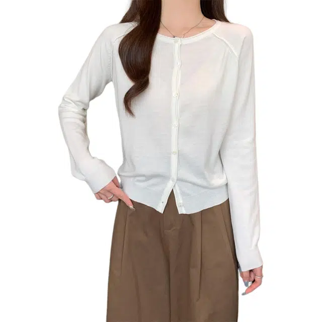 思蓓儿 秋季韩版宽松简约休闲插肩圆领开衫外套女针织衫 女款