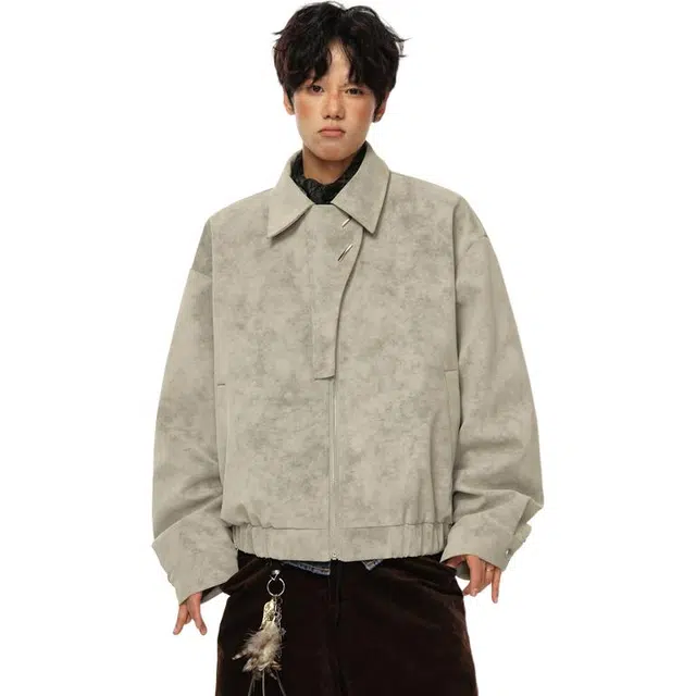 佐菲利 美式复古飞行工装立领皮衣扎染高级感痞帅宽松休闲外套夹克 男女同款