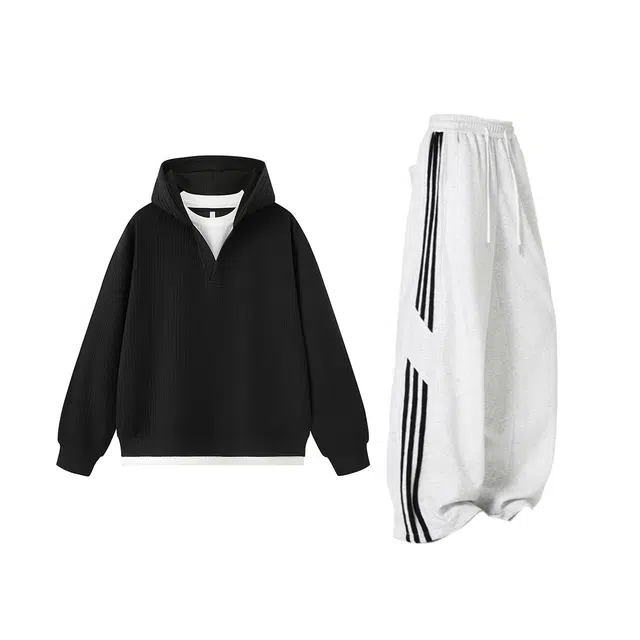 素杭 美式重磅复古假两件帽衫提花连帽卫衣搭配侧条纹松紧腰直筒阔腿裤两件套潮流穿搭一整套休闲运动套装 男女同款