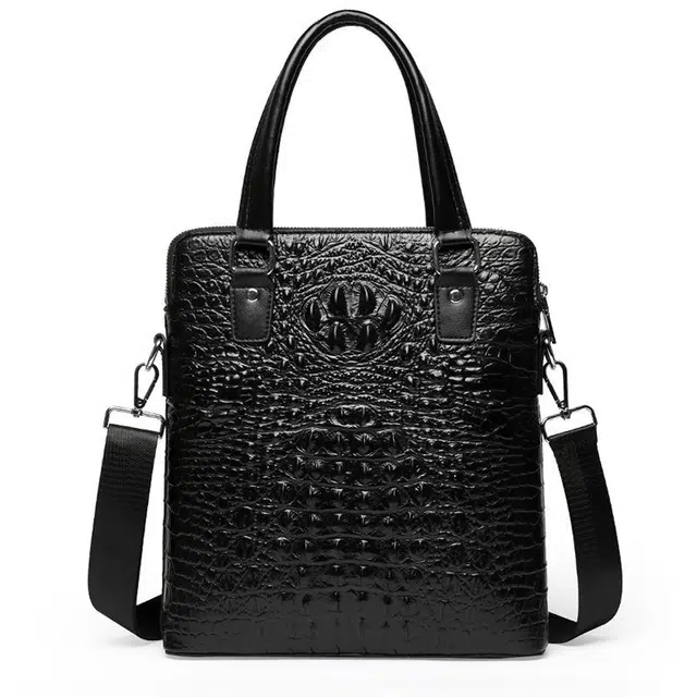 老人头 商务休闲鳄鱼纹高级感百搭通勤手提包单肩斜挎 头层牛皮 公文包 男款 黑色