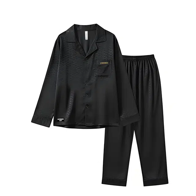 吾皇猫 提花高级设计感复古简约纯色春秋季家居翻领长袖长裤睡衣套装 男款