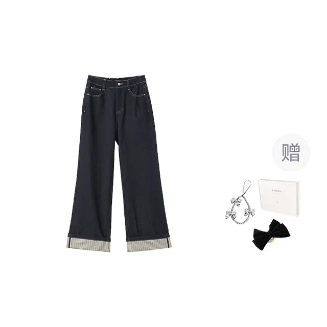 法儿家 蓝调双重奏初秋韩系小个子休闲直筒高腰牛仔裤 女款