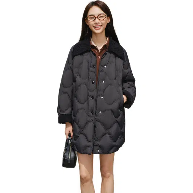 坦博尔 轻薄翻领中长款纯色常规长袖面包通勤羽绒服 女款