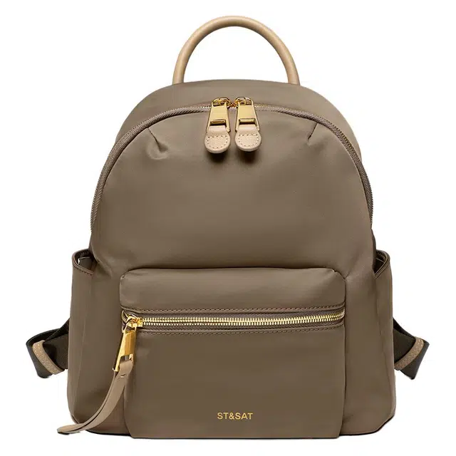 星期六 背包防泼水尼龙布牛皮双肩包旅行大学生书包双肩包  中号 女款 卡其色