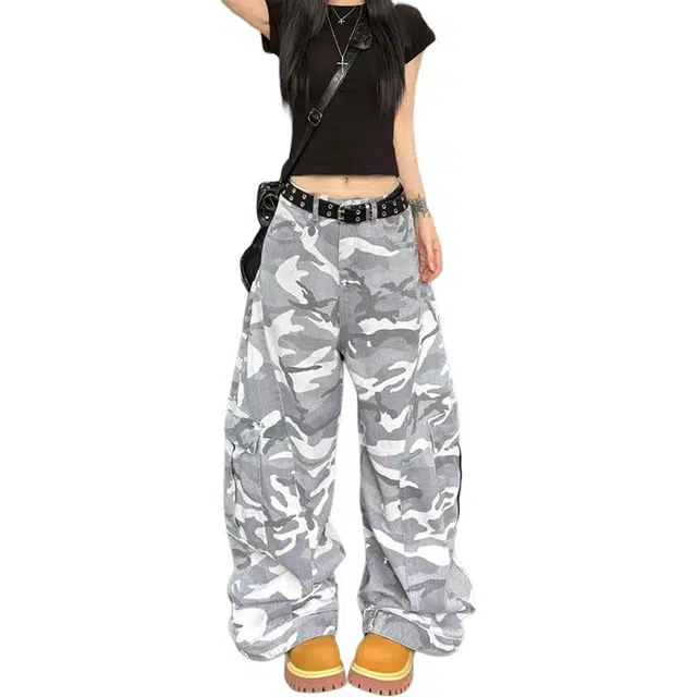 如续 秋季上新高街迷彩裤大码工装裤潮牌宽松显瘦时尚百搭直筒阔腿弯刀裤牛仔裤 男女同款