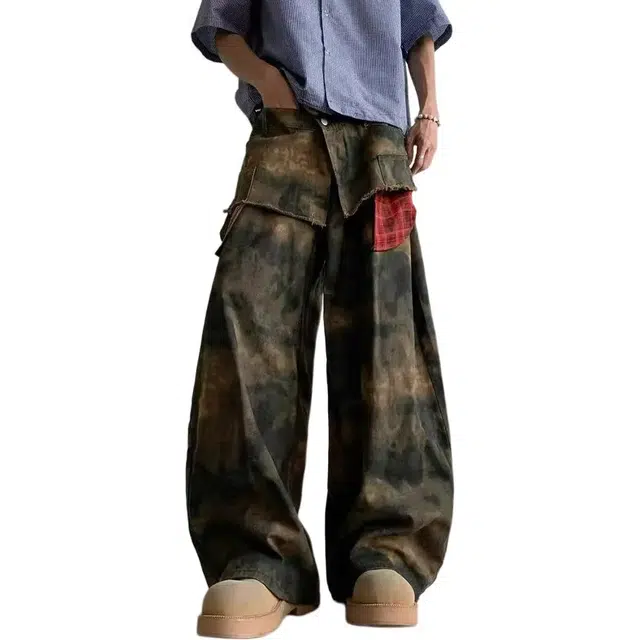 美式复古迷彩拼接多口袋宽松直筒潮流长裤潮牌设计感满满牛仔裤 男女同款