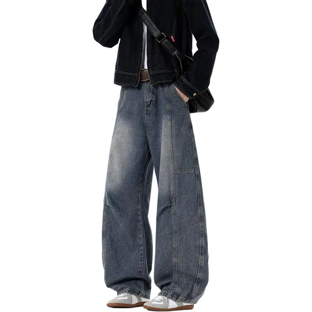 瑞梵帝斯 秋季美式复古解构拼接设计感阔腿水洗做旧宽松柔软舒适亲肤百搭弯刀直筒重磅潮牌时尚休闲牛仔裤 男款