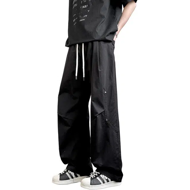 华夏儿女 美式重磅工装秋季高街宽松长裤夏季直筒裤子基础款纯色垂感运动跑步吸汗透气拖地纯棉休闲裤 男女同款