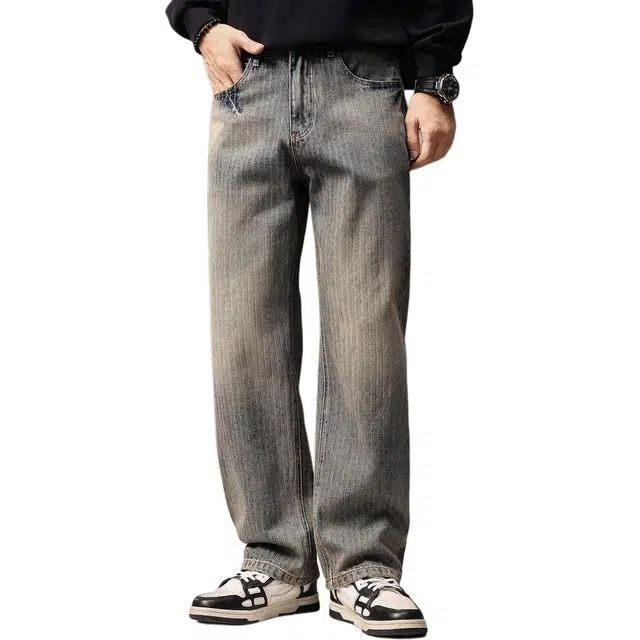 贵色 潮流百搭潮牌高端经典复古条高街阿美咔叽风垂感牛仔裤 男女同款