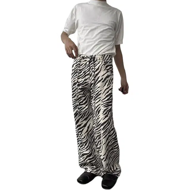 如续 秋季上新美式复古小众斑马纹直筒宽松显瘦水洗做旧阔腿拖地裤牛仔裤 男款