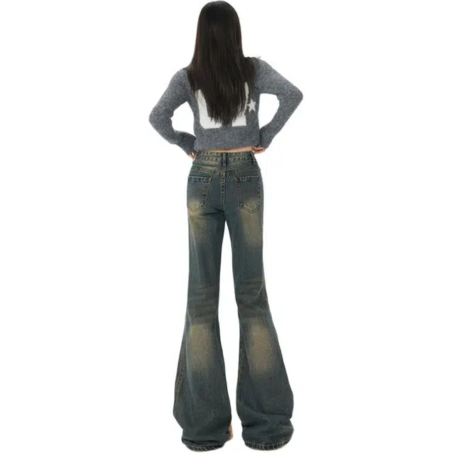 么宁   美式高街微喇做旧设计感高腰显瘦宽松牛仔裤 女款