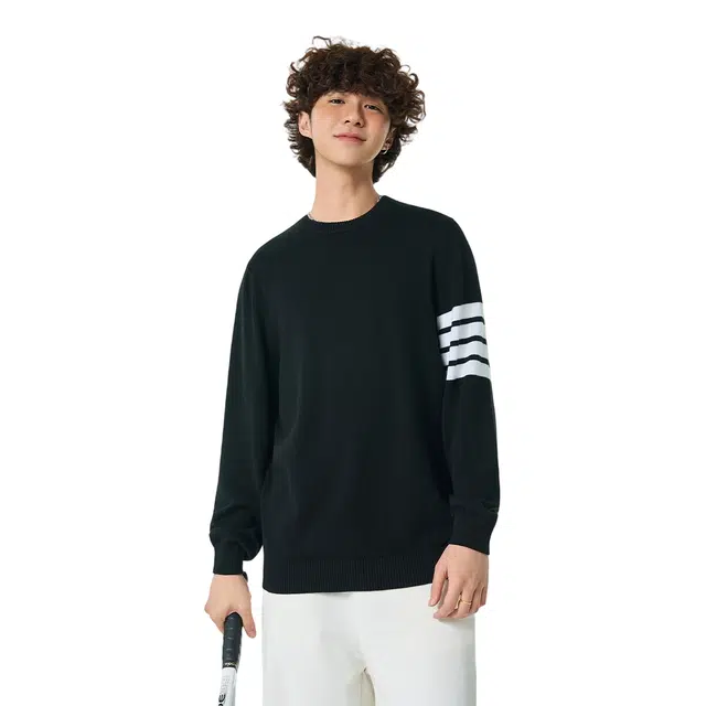 快鱼 百搭休闲舒适宽松透气纯棉针织圆领打底时尚高级感四条杠潮流简约贴身微弹保暖毛衣 男女同款