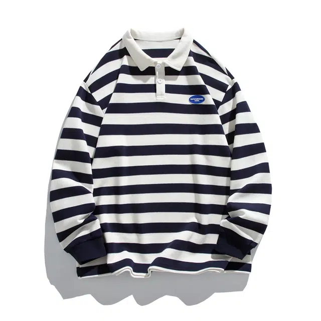 马员外 百搭撞色条纹内搭空气层翻领长袖时尚简约宽松卫衣 男款