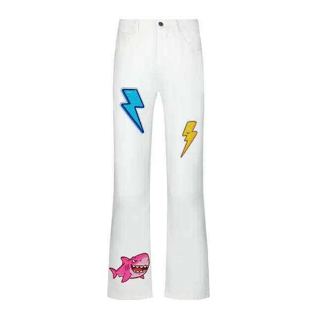 【趣味鲨鱼】拾个壹先生 美式仿刺绣闪电字母印花直筒休闲微喇牛仔裤 男女同款