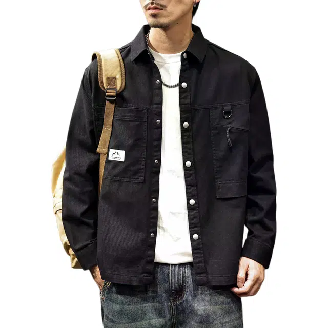 路杰邦 休闲系列 美式高街潮流轻奢纯色夹克基础百搭简约时尚口袋翻领单排扣牛仔外套 男款