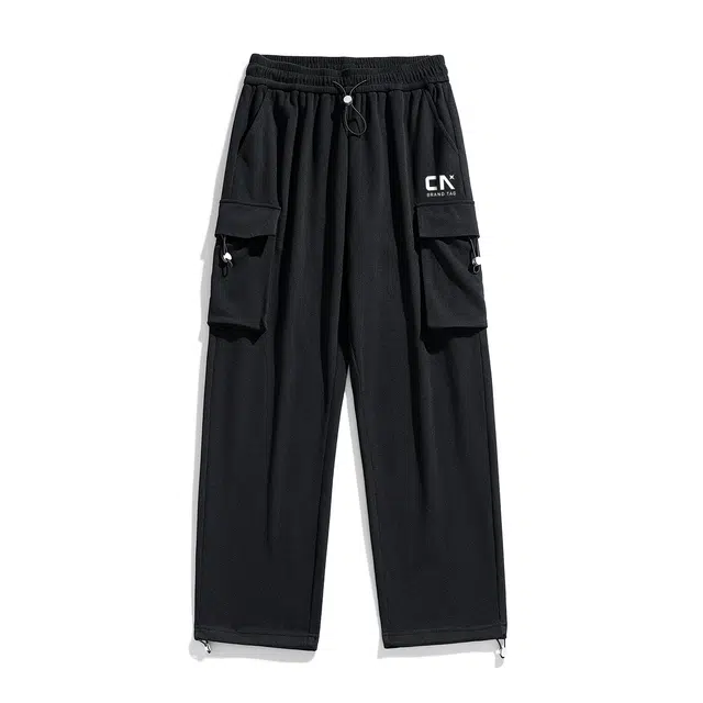 中国航天 美式复古撞色条纹拼接潮流百搭阔腿裤嘻哈街头舒适亲肤透气卫裤宽松运动垂感拖地直筒弯刀休闲裤 男女同款