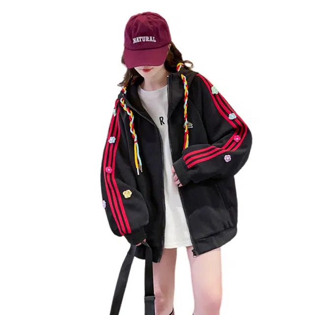 荟萃阁 美式彩绳编织花卉连帽宽松开衫外套夹克 女款