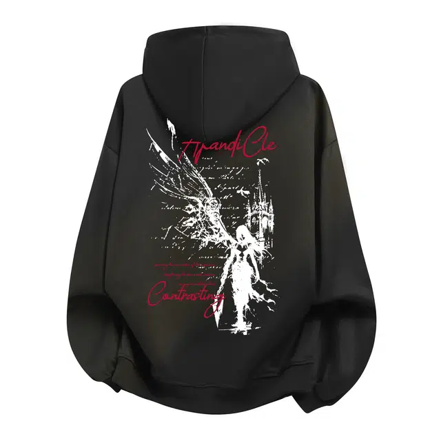 阿凡迪 美式高街复古天使字母印花校园百搭户外通勤亲肤舒适宽松休闲长袖落肩套头重磅连帽卫衣 男女同款