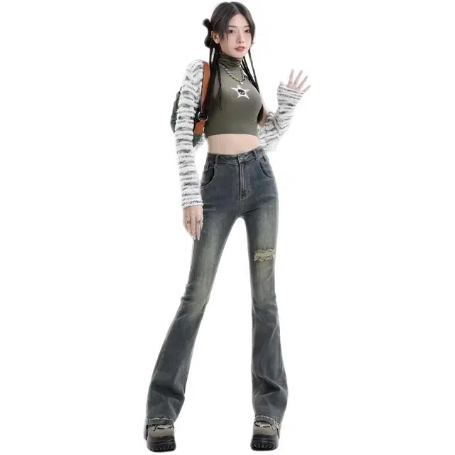 木木兔 潮流时尚秋季裤子女美式做旧复古破洞微喇裤潮乞丐高腰显瘦喇叭裤 牛仔裤 女款